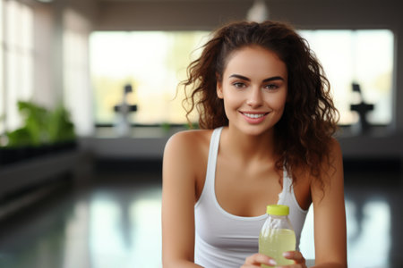 Beautiful young woman holding refreshing green drink. Perfect for promoting a healthy lifestyle or showing a delicious beverage option.の素材