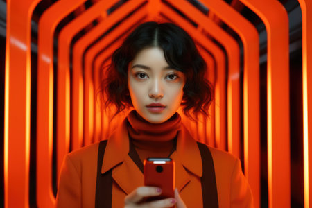 Woman is seen holding smart phone in front of vibrant orange tunnel. This image can be used to depict modern technology and communication in unique setting.の素材