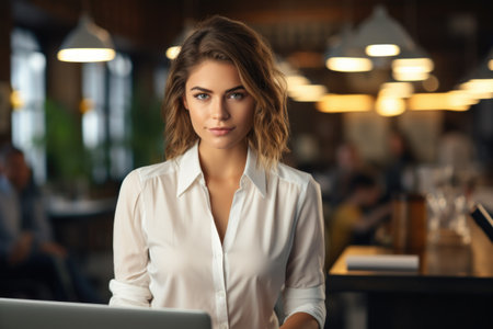 Woman sitting in front of laptop computer. Can be used for technology, work, or remote working concepts.の素材
