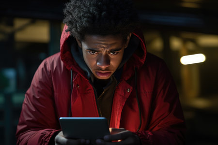 Man wearing red jacket is focused on his cell phone. This image can be used to depict technology, communication, or modern lifestyle.の素材