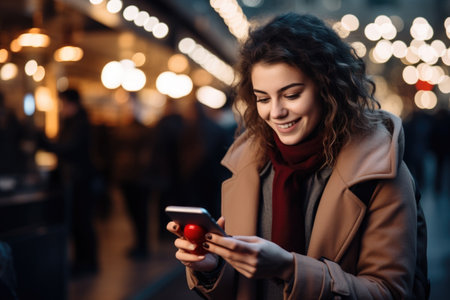 Woman is seen looking at her smart phone. This image can be used to depict technology, communication, or modern lifestyle.の素材