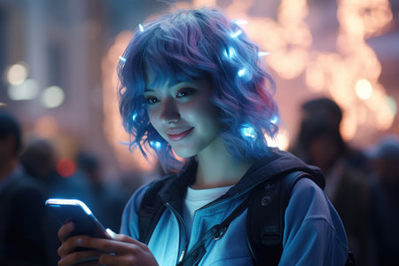 Woman with blue hair holding smart phone. Perfect for technology and communication concepts.の素材