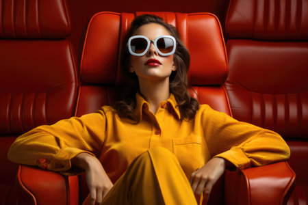 Woman sitting in red chair wearing stylish sunglasses. Perfect for lifestyle, fashion, or outdoor concepts.の素材