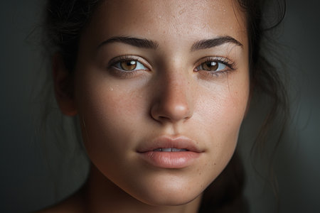 Close up of woman's face with freckles. Versatile image suitable for beauty, skincare, and natural cosmetics concepts.の素材
