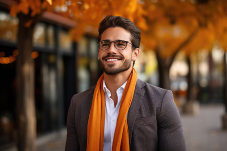 Man wearing glasses and scarf stands in front of tree. This picture can be used to depict fashion, style, or nature.の素材