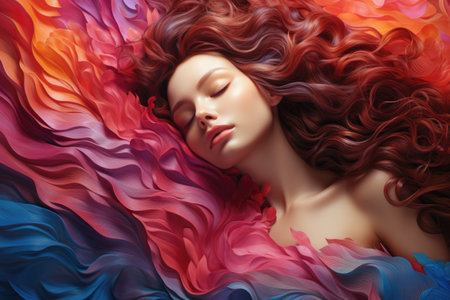 Woman with red hair is seen laying down. This image can be used to depict relaxation, beauty, or peaceful moment.の素材