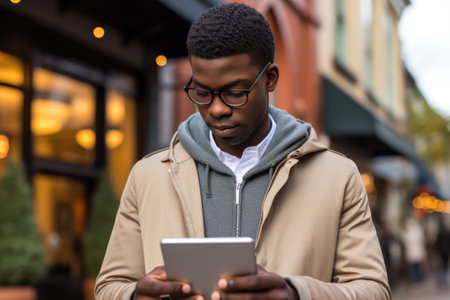 Man wearing jacket is seen looking at tablet. This image can be used to illustrate technology, communication, or business concepts.の素材