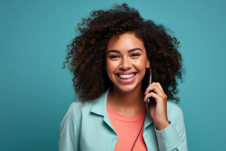 Beautiful young woman holding cell phone to her ear. Perfect for communication and technology concepts.の素材