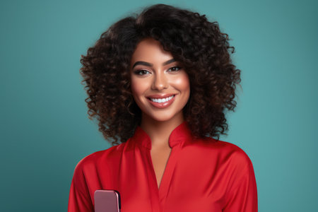 Woman in red shirt holding smart phone. This image can be used to depict technology, communication, or social media.の素材
