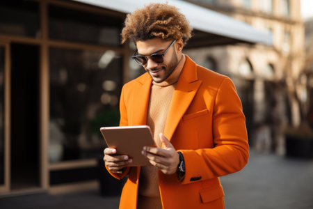 Man in orange jacket using tablet. Can be used to illustrate technology, communication, or digital devices.の素材