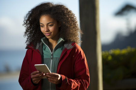 Woman wearing red jacket is seen looking at her smart phone. This image can be used to depict modern technology and communication.の素材