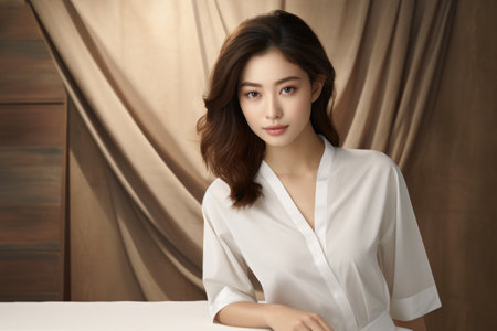 Woman in white shirt striking pose for photograph. Suitable for use in lifestyle blogs, fashion magazines, or social media posts.の素材