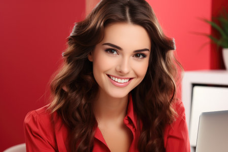 Woman in red shirt using laptop. Suitable for technology, work, or remote work concepts.の素材