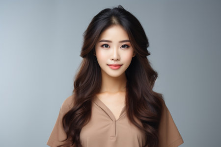 Woman with long brown hair posing for picture. Perfect for use in photography and fashion-related projects.の素材