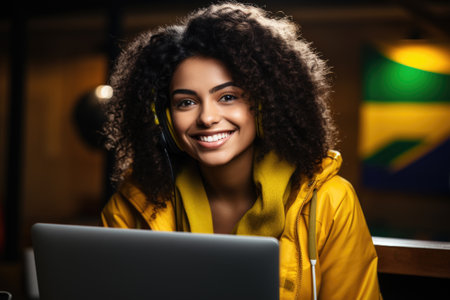 Woman with smile on her face sitting in front of laptop. This image can be used to depict happy person working or enjoying leisure time on computer.の素材