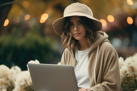 Woman is seen using laptop while wearing hat. This image can be used to illustrate technology, remote work, or online communication.の素材