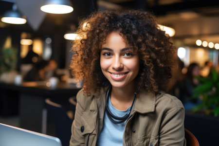 Woman sitting in front of laptop computer. Suitable for business, technology, or remote work concepts.の素材