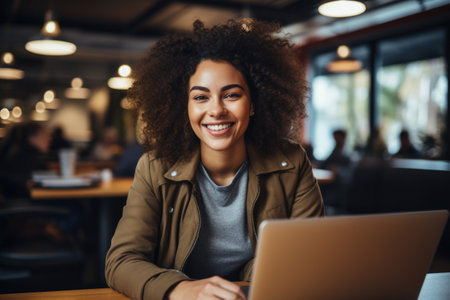Woman sitting at table with laptop. This image can be used to depict professional working environment or person engaged in online activities.の素材