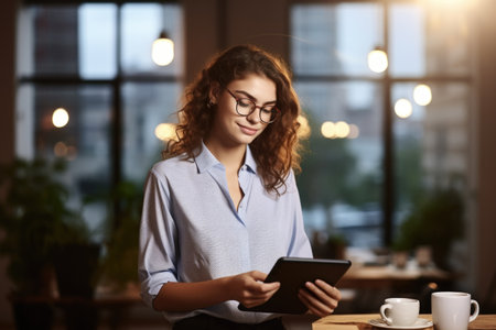 Woman wearing glasses is focused on looking at tablet. This image can be used to illustrate technology, digital devices, or online communication.の素材