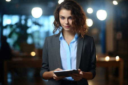 Woman in business suit holding tablet computer. Suitable for business and technology concepts.の素材
