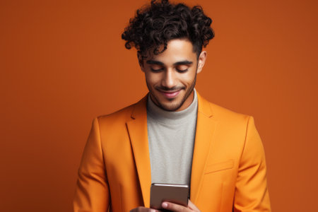 Man dressed in orange suit is seen looking at his cell phone. This image can be used to illustrate concepts related to technology, communication, or modern lifestyle.の素材