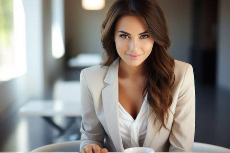 Woman sitting at table, holding cup of coffee. Suitable for coffee shop promotions or lifestyle blogs.の素材