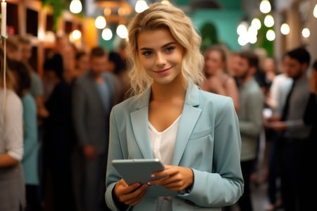 Professional woman dressed in blue suit holding tablet. Suitable for business and technology concepts.の素材