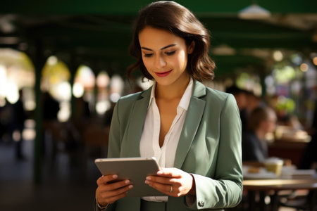 Woman wearing green jacket looking attentively at tablet. Suitable for technology, communication, and business-related themes.の素材