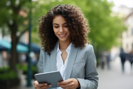 Woman with curly hair using tablet computer. Can be used for technology, communication, or online shopping concepts.の素材