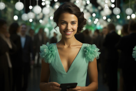 Woman is pictured wearing green dress and holding cell phone. This versatile image can be used to depict technology, communication, fashion, or lifestyle themes.の素材