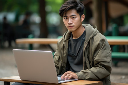 Man sitting at table using laptop computer. Suitable for various business and technology concepts.の素材