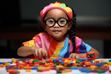 Little girl wearing glasses enjoys playing with Legos. This versatile image can be used to represent creativity, childhood, education, and STEM activities.の素材