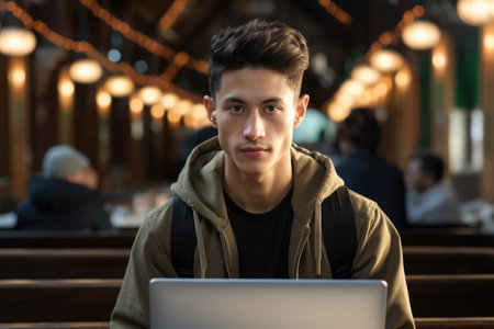Young man sitting in front of laptop computer. Suitable for technology-related articles and blog posts.の素材