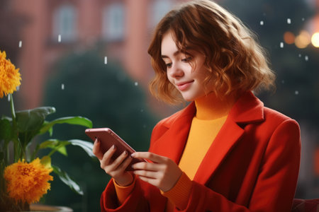 Woman standing in rain, focused on her phone. Ideal for illustrating technology use in adverse weather conditions.の素材