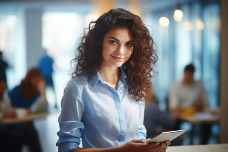 Woman in blue shirt holding tablet. Suitable for technology and communication concepts.の素材