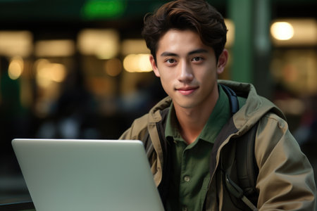 Young man is sitting in front of laptop computer. This image can be used to depict technology, remote work, studying, or online communication.の素材