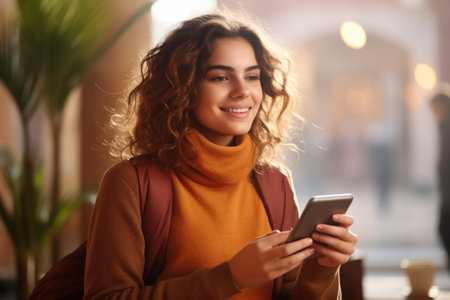 Woman looking at her cell phone. Can be used to illustrate technology, communication, or modern lifestyle.の素材
