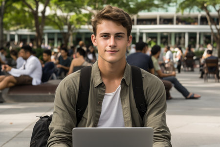Young man sitting in front of laptop computer. Suitable for technology-related projects.の素材