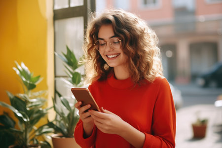 Woman wearing red sweater is seen looking at her cell phone. This image can be used to depict modern technology and communication.の素材