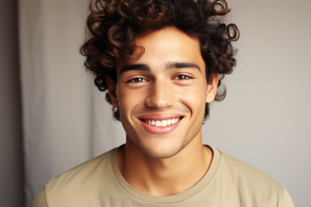 Young man with curly hair smiling at camera. Perfect for lifestyle and portrait photography.の素材