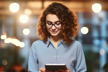 Woman wearing glasses is focused on her cell phone. Suitable for technology and communication themes.の素材