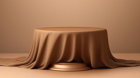 Round table covered in brown cloth. Versatile and suitable for various settings.の素材