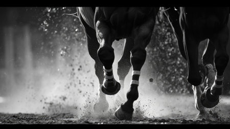 Two horses running in dirt. Suitable for equestrian events or horse racing themes.の素材