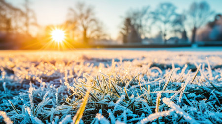 Frosty field with grass and trees in background. Suitable for winter landscapes and nature themes.の素材
