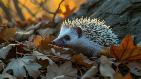 Hedge sitting on top of pile of leaves. Suitable for autumn-themed designs or nature-related projects.の素材