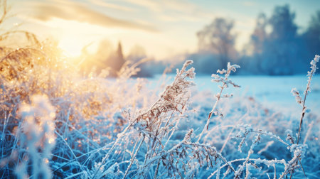 Beautiful sunset casts golden glow on field of grass covered in frost. Peacefulness and beauty of nature.の素材
