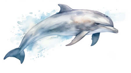 Vibrant watercolor painting capturing the lively moment of dolphin leaping out of water. Perfect for aquatic-themed designs or projects.の素材