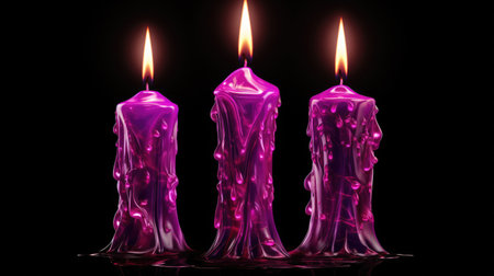 Three purple candles are lit in dark. This image can be used to create calming ambiance or to represent meditation and relaxation.の素材