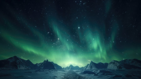 Stunning green aurora borealis illuminates night sky above majestic snowy mountain range. Perfect for capturing beauty of nature's light show and serene winter landscape.の素材