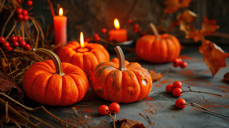 Group of small pumpkins sitting on top of table. Perfect for autumn decorations.の素材